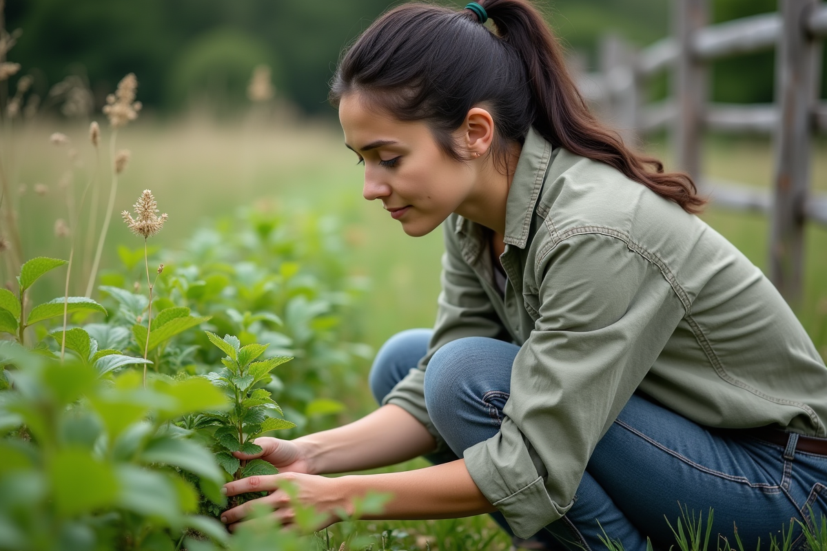 Jeune femme récoltant des feuilles dans un champ sauvage