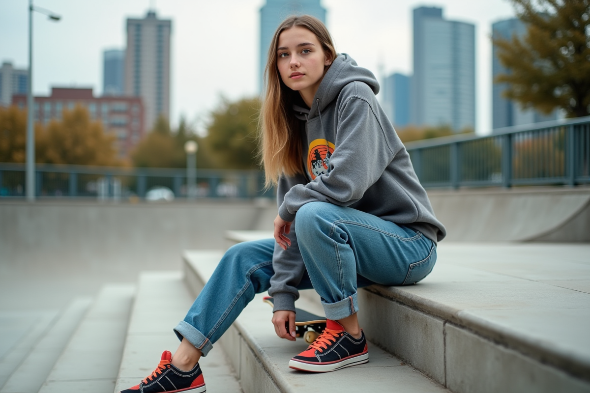 Jeune fille posant avec son skateboard dans un skatepark urbain