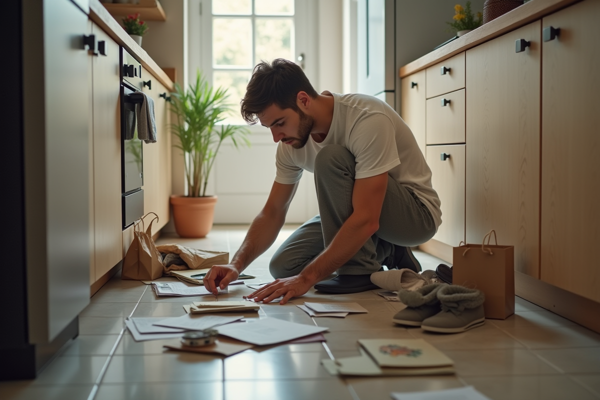 Jeune homme triant des papiers dans une cuisine désordonnée