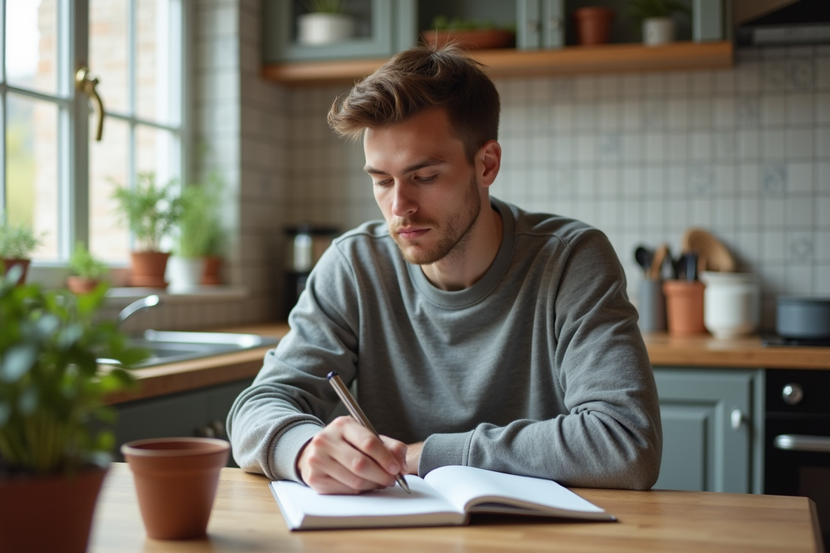 Jeune homme dessine à la cuisine dans un espace moderne