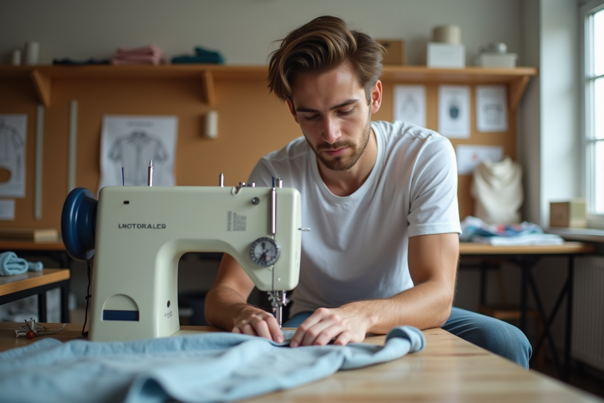 Jeune homme utilisant une machine à coudre en atelier