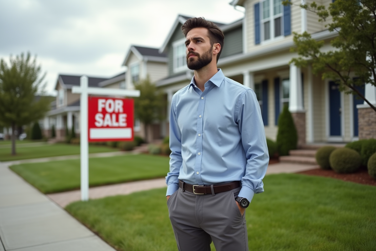 Jeune homme devant une maison à vendre dans un quartier résidentiel
