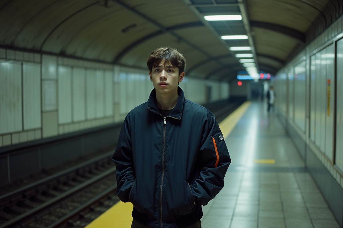 Jeune homme seul sur le quai du metro avec expression inquiète