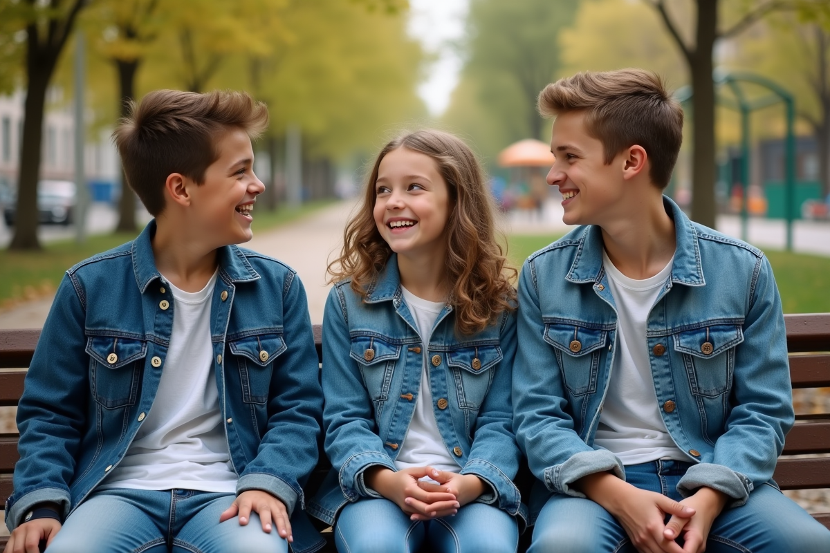 Trois adolescents discutant sur un banc dans un parc urbain
