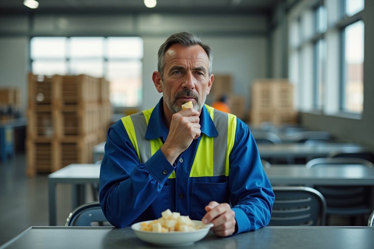 Ouvrier en uniforme mangeant seul dans la cafetaria industrielle