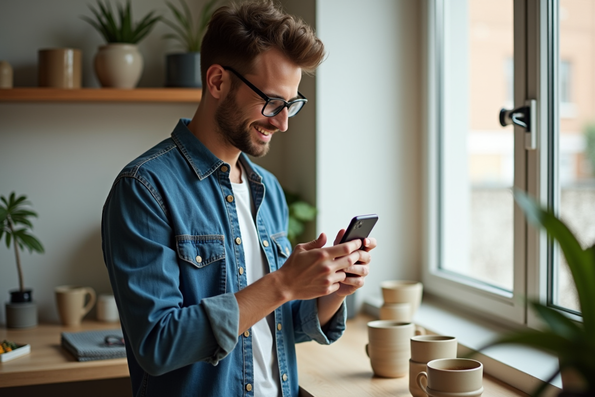 Jeune homme photographiant des mugs en céramique dans son studio