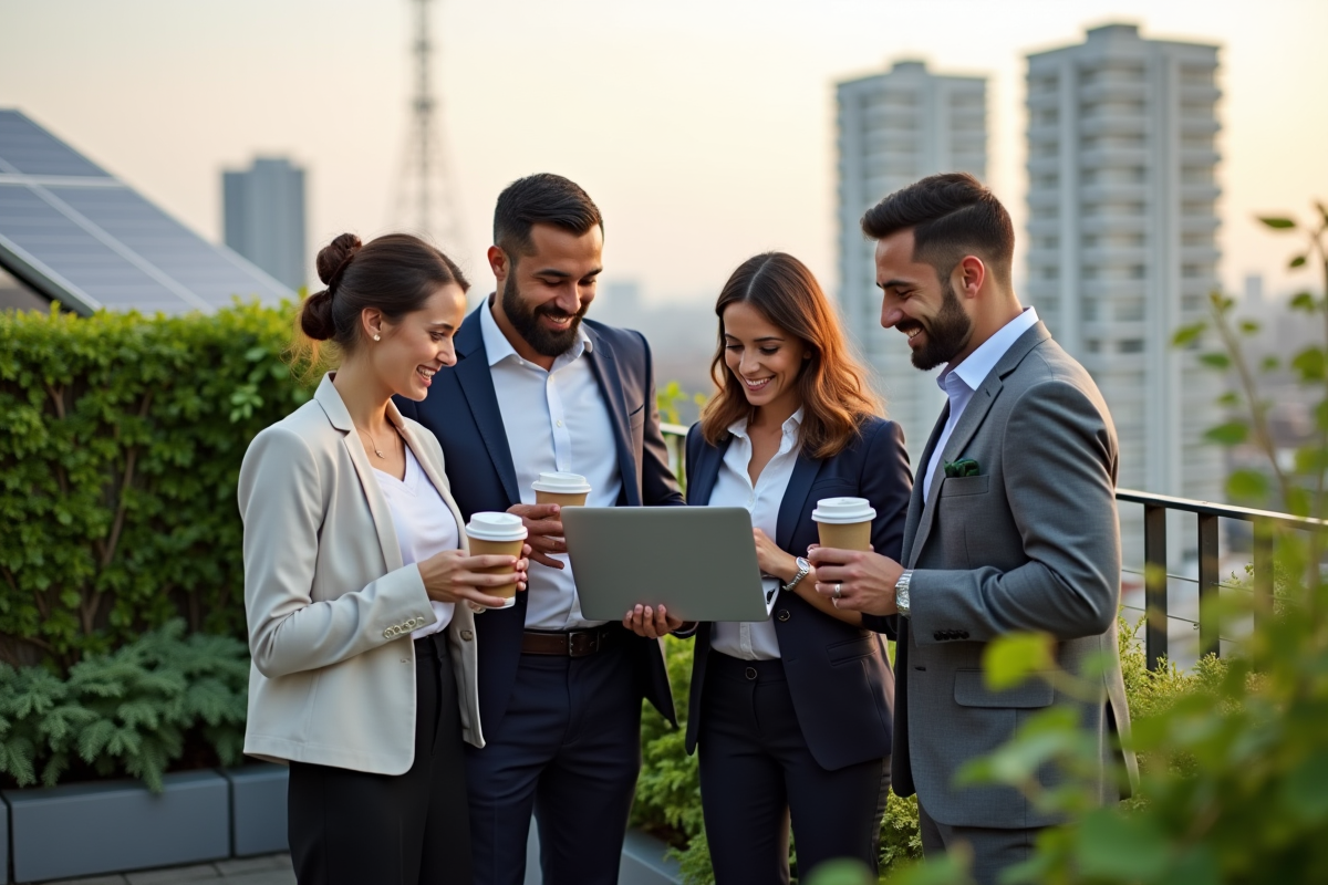 Groupe de professionnels discutant d un rapport durable en extérieur