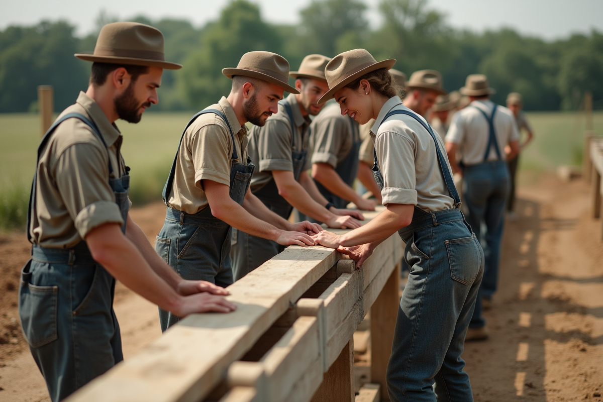 Groupe de travailleurs construisant un pont en extérieur