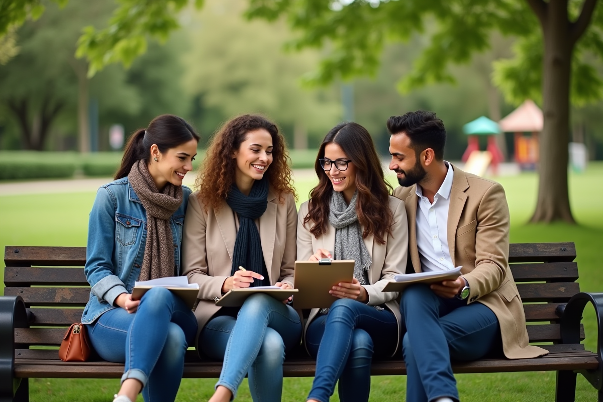 Quatre travailleurs sociaux discutant en plein air